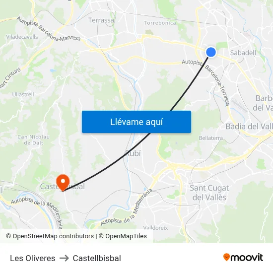 Les Oliveres to Castellbisbal map