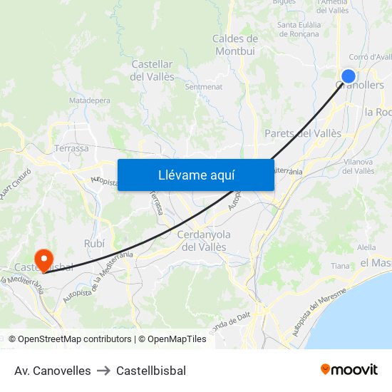 Av. Canovelles to Castellbisbal map
