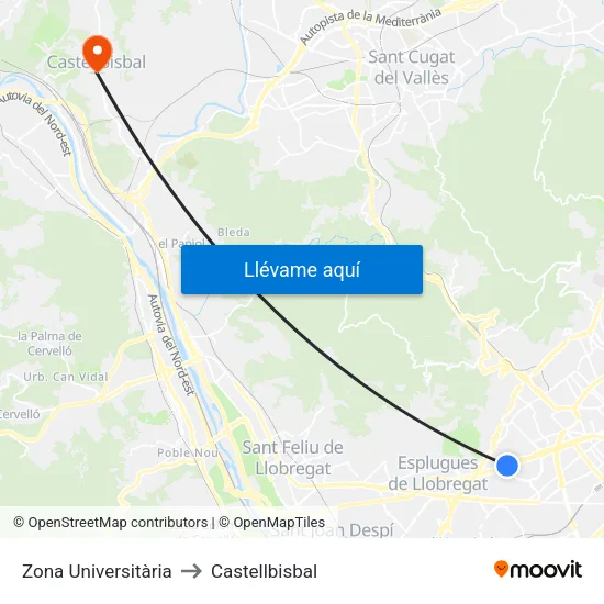 Zona Universitària to Castellbisbal map
