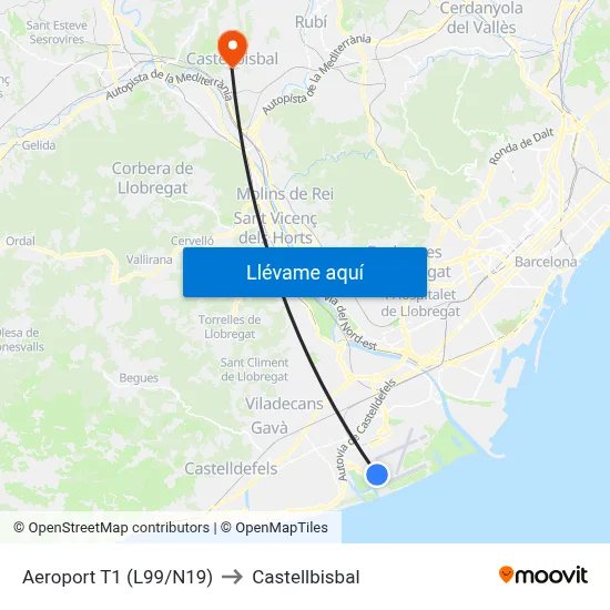 Aeroport T1 to Castellbisbal map