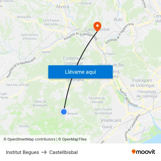 Institut Begues to Castellbisbal map
