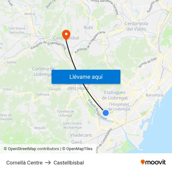 Cornellà Centre to Castellbisbal map
