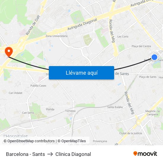 Barcelona - Sants to Clínica Diagonal map