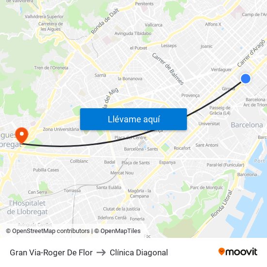 Gran Via-Roger De Flor to Clínica Diagonal map