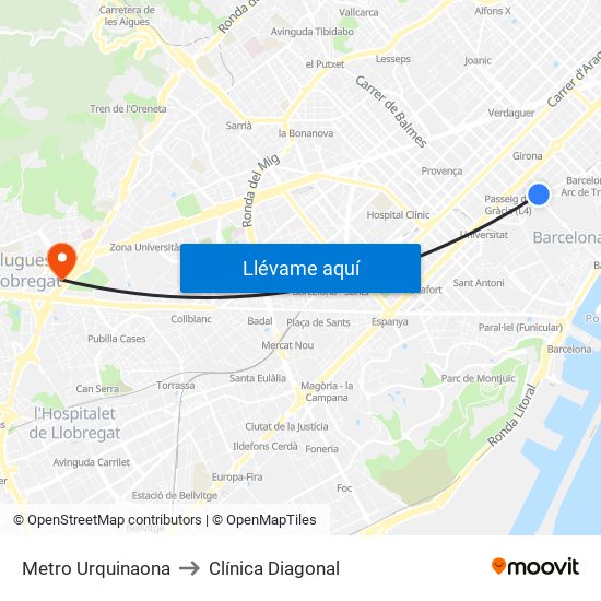 Metro Urquinaona to Clínica Diagonal map
