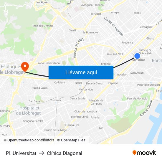 Pl. Universitat to Clínica Diagonal map