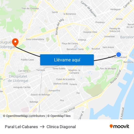 Paral·Lel-Cabanes to Clínica Diagonal map