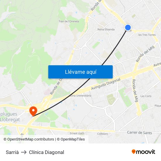 Sarrià to Clínica Diagonal map
