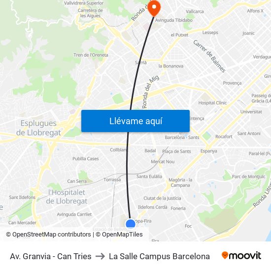 Av. Granvia - Can Tries to La Salle Campus Barcelona map