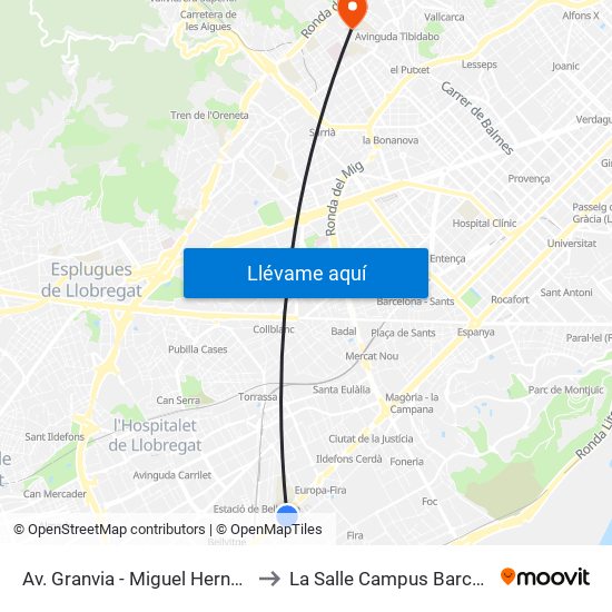 Av. Granvia - Miguel Hernández to La Salle Campus Barcelona map