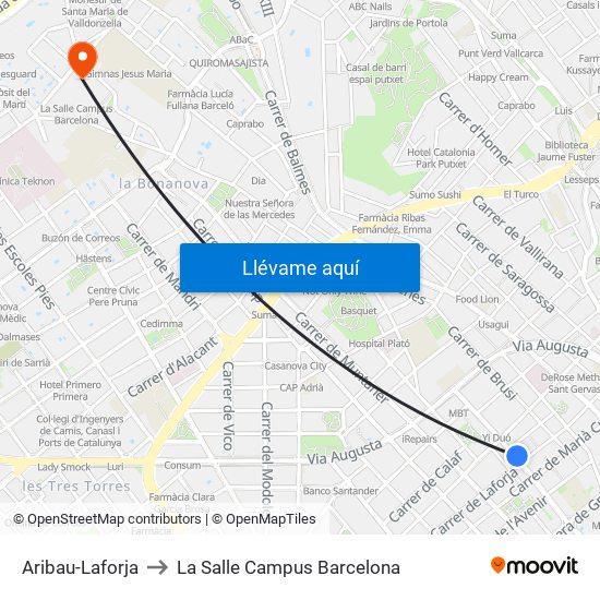 Aribau-Laforja to La Salle Campus Barcelona map