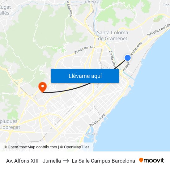 Av. Alfons XIII - Jumella to La Salle Campus Barcelona map
