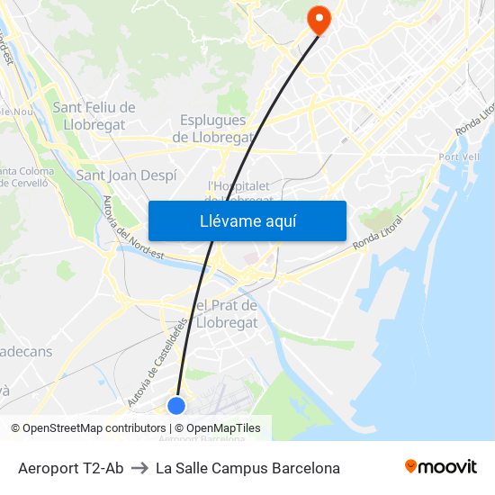 Aeroport T2-Ab to La Salle Campus Barcelona map
