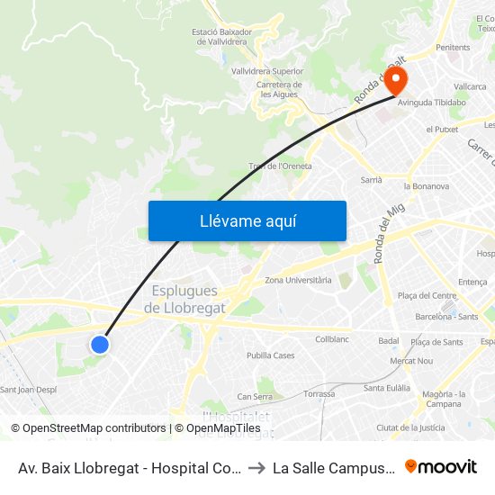 Av. Baix Llobregat - Hospital Comarcal M. Borggi to La Salle Campus Barcelona map