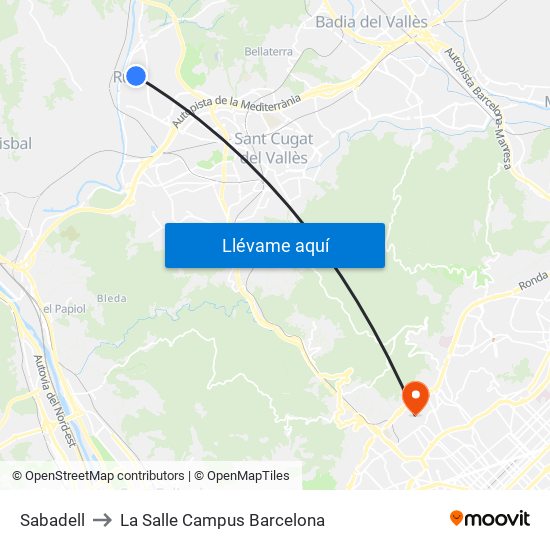 Sabadell to La Salle Campus Barcelona map