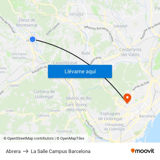 Abrera to La Salle Campus Barcelona map