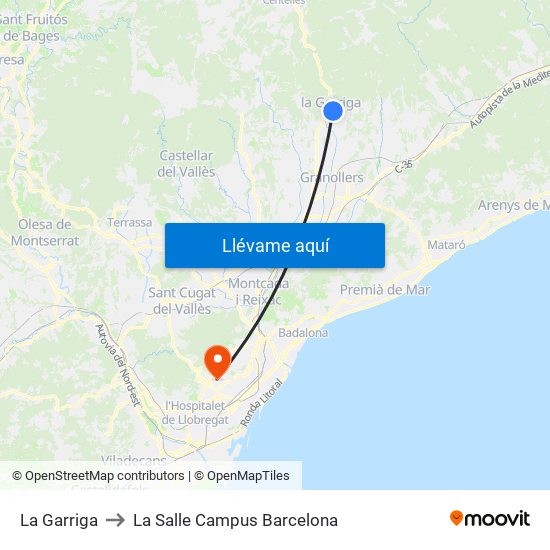 La Garriga to La Salle Campus Barcelona map