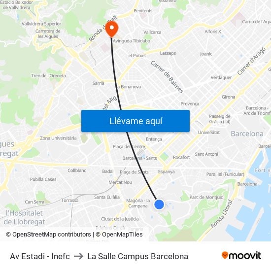 Av Estadi - Inefc to La Salle Campus Barcelona map