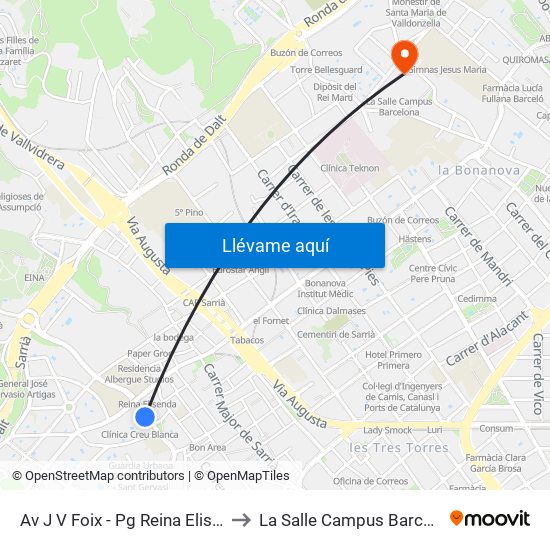 Av J V Foix - Pg Reina Elisenda to La Salle Campus Barcelona map
