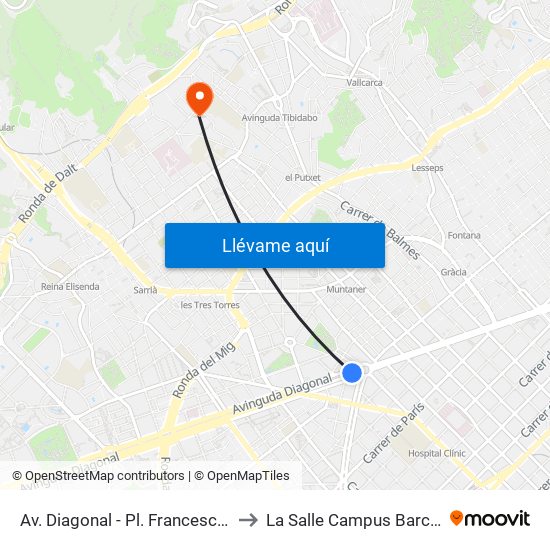 Av. Diagonal - Pl. Francesc Macià to La Salle Campus Barcelona map