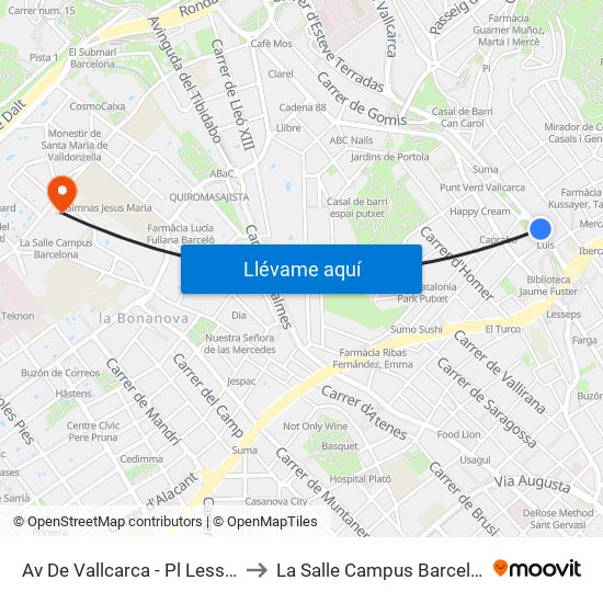 Av De Vallcarca - Pl Lesseps to La Salle Campus Barcelona map