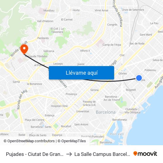 Pujades - Ciutat De Granada to La Salle Campus Barcelona map