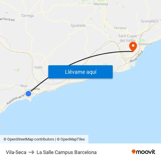 Vila-Seca to La Salle Campus Barcelona map