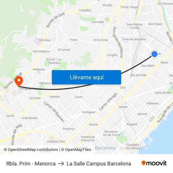 Rbla. Prim - Menorca to La Salle Campus Barcelona map
