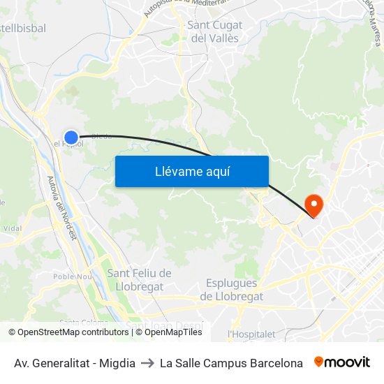 Av. Generalitat - Migdia to La Salle Campus Barcelona map