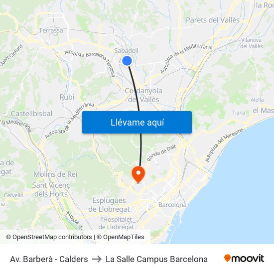 Av. Barberà - Calders to La Salle Campus Barcelona map