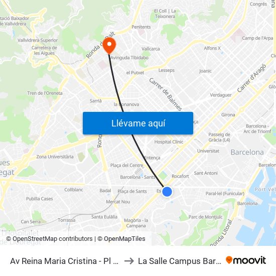 Av Reina Maria Cristina - Pl Espanya to La Salle Campus Barcelona map
