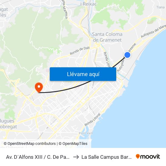 Av. D´Alfons XIII / C. De Pau Claris to La Salle Campus Barcelona map