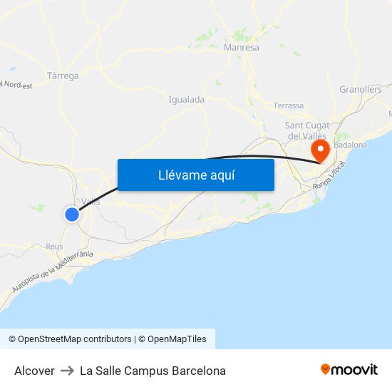 Alcover to La Salle Campus Barcelona map
