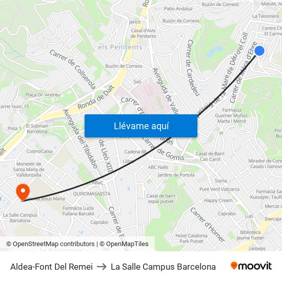 Aldea-Font Del Remei to La Salle Campus Barcelona map