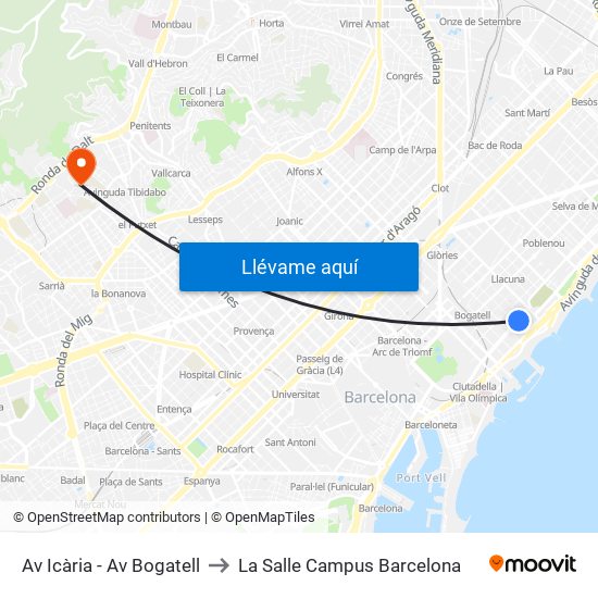 Av Icària - Av Bogatell to La Salle Campus Barcelona map