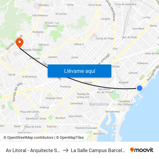 Av Litoral - Arquitecte Sert to La Salle Campus Barcelona map