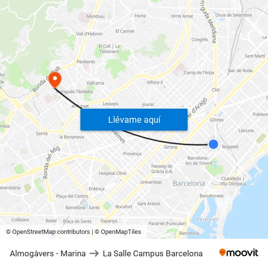 Almogàvers - Marina to La Salle Campus Barcelona map