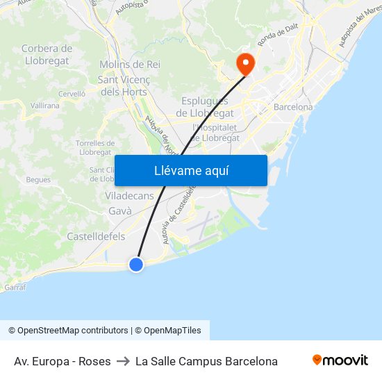 Av. Europa - Roses to La Salle Campus Barcelona map