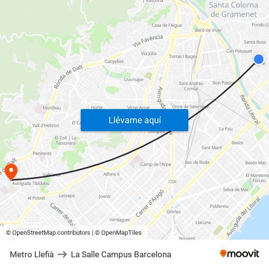 Metro Llefià to La Salle Campus Barcelona map
