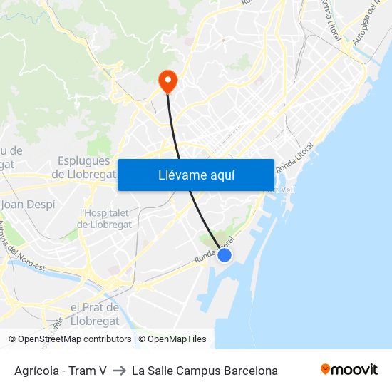 Agrícola - Tram V to La Salle Campus Barcelona map