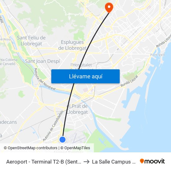 Aeroport - Terminal T2-B (Sentit Terminal T1) to La Salle Campus Barcelona map