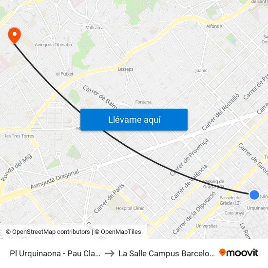 Pl Urquinaona - Pau Claris to La Salle Campus Barcelona map