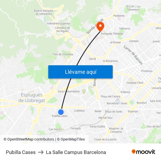 Pubilla Cases to La Salle Campus Barcelona map