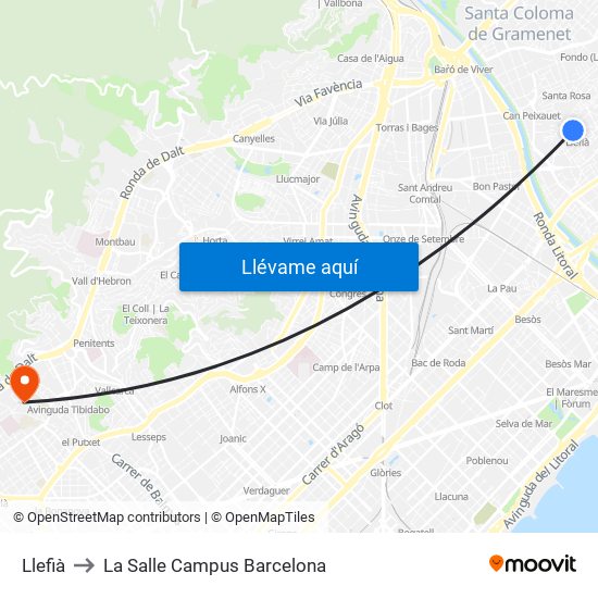 Llefià to La Salle Campus Barcelona map