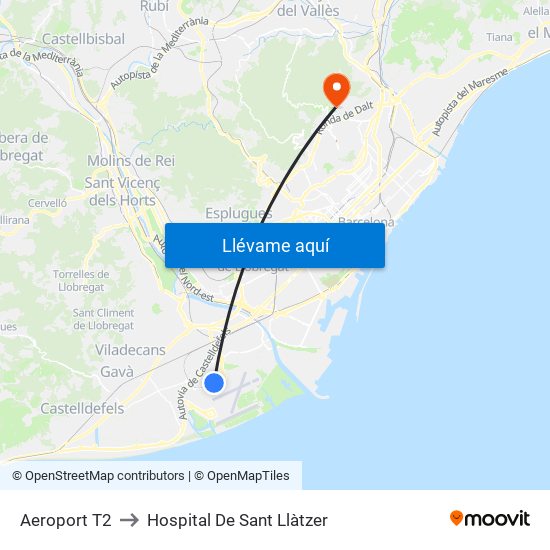 Aeroport T2 to Hospital De Sant Llàtzer map