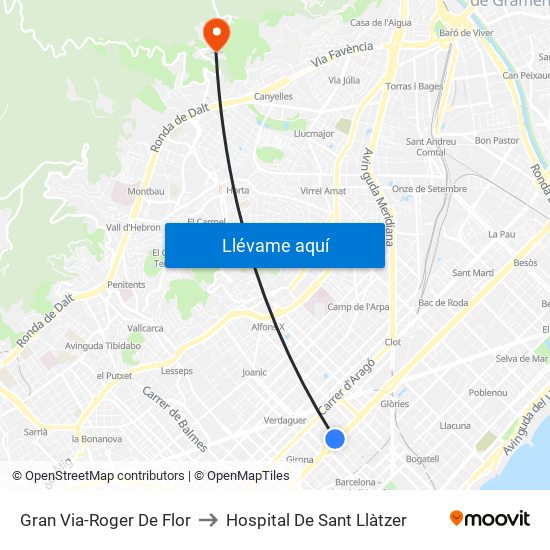 Gran Via-Roger De Flor to Hospital De Sant Llàtzer map