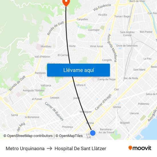 Metro Urquinaona to Hospital De Sant Llàtzer map