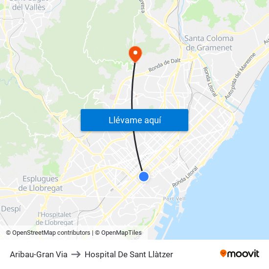 Aribau-Gran Via to Hospital De Sant Llàtzer map