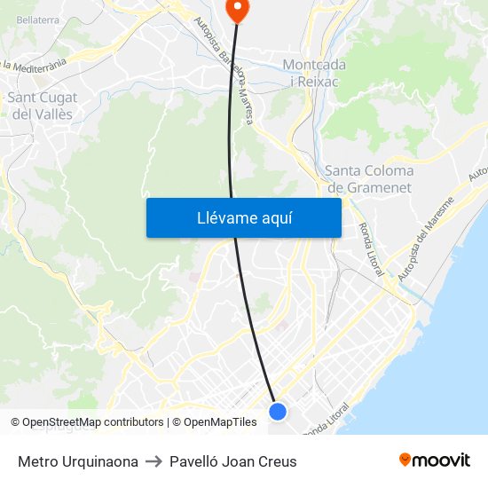 Metro Urquinaona to Pavelló Joan Creus map