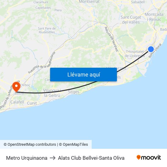 Metro Urquinaona to Alats Club Bellvei-Santa Oliva map